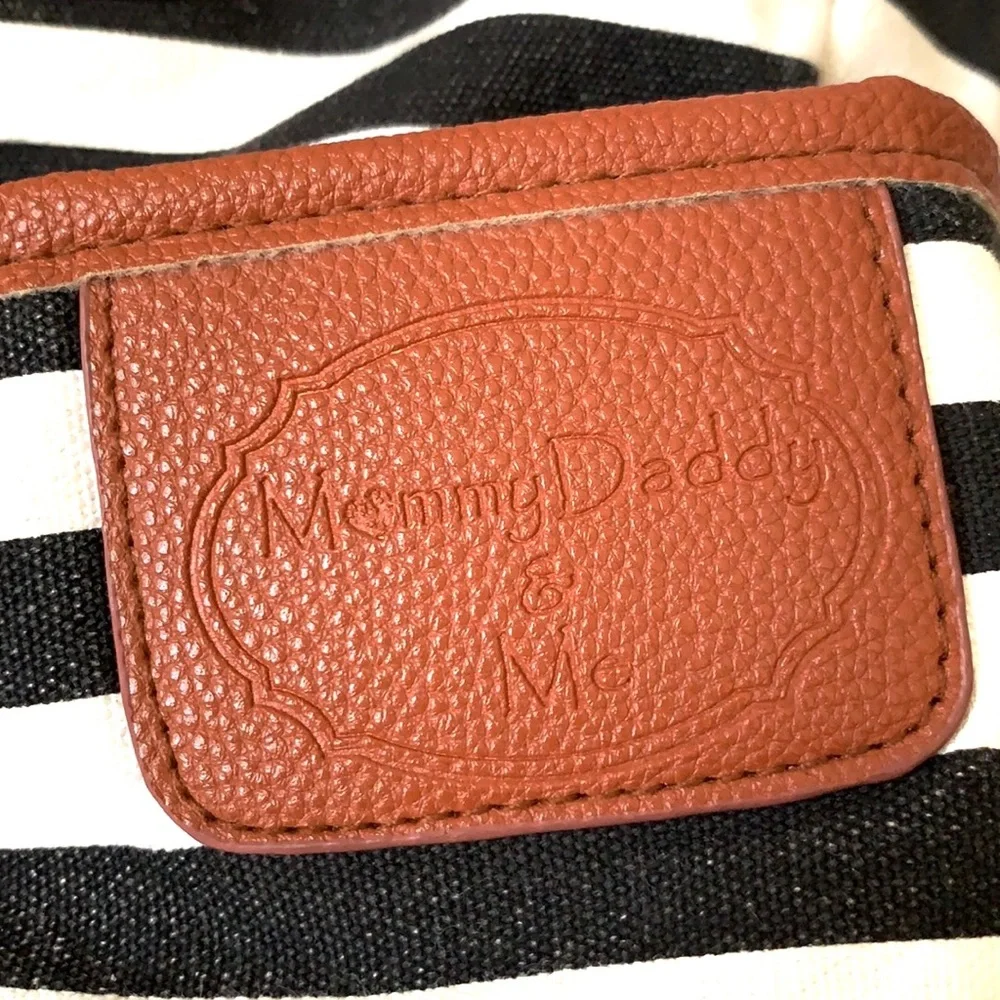 MommyDaddy & Me Black White Striped Diaper Bag Purse Brown Leather Straps